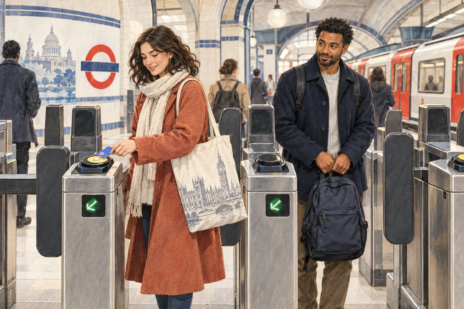 Contactless Payment and Backpack Etiquette on the London Underground Illustration of a traveller using contactless payment while another passenger holds a backpack at London Underground ticket barriers