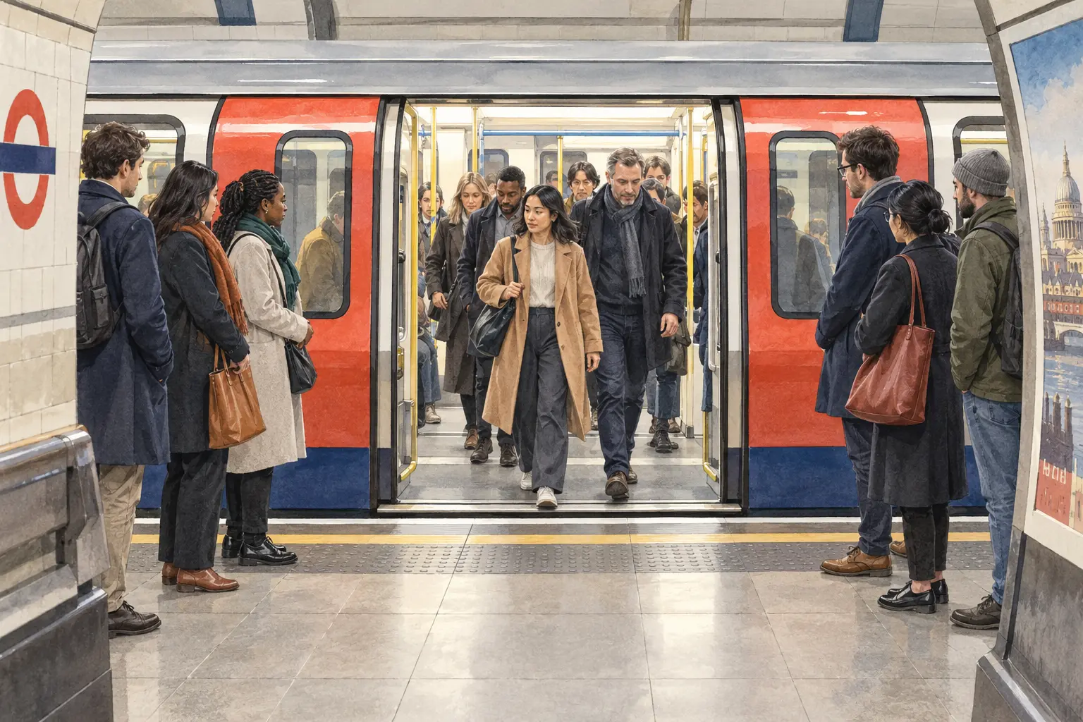 Let Passengers Leave the Tube Before Boarding Illustration of passengers waiting beside London Underground train doors while other passengers leave