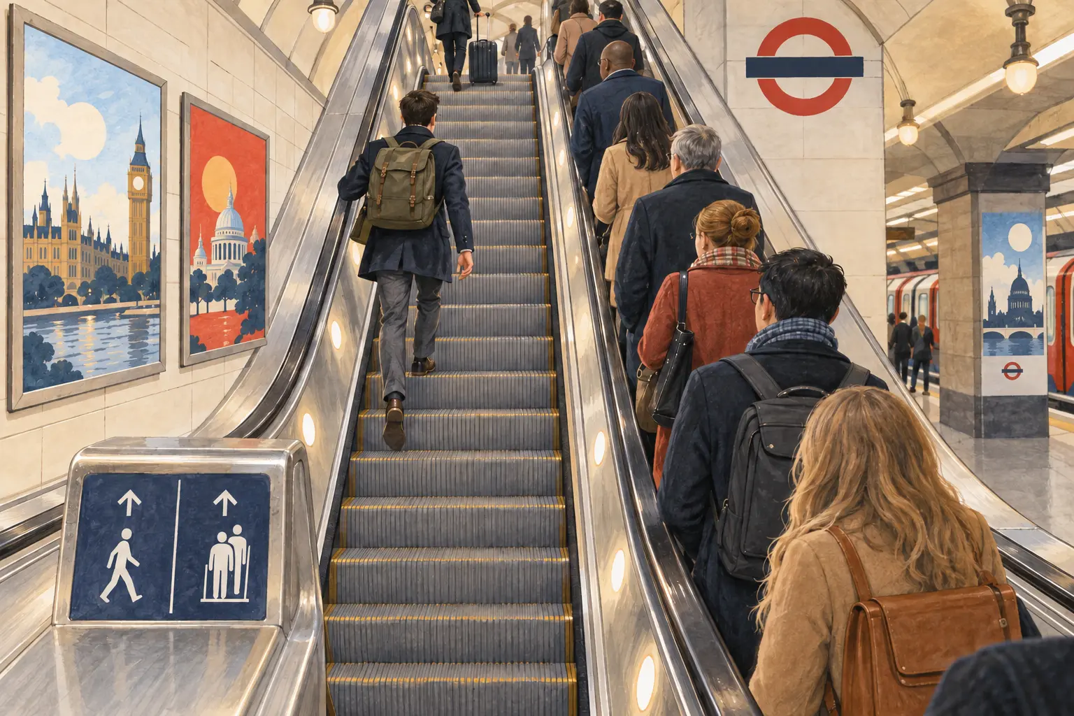 London Underground Escalator Etiquette Illustration showing passengers standing on the right and walking on the left of a London Underground escalator