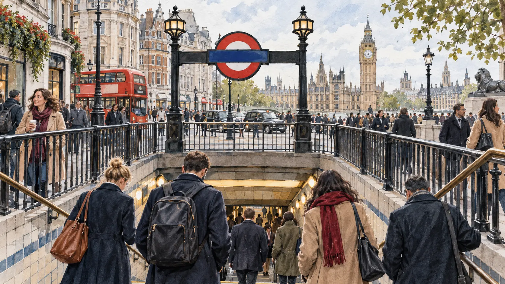Illustration of commuters and visitors entering a London Underground station near Westminster