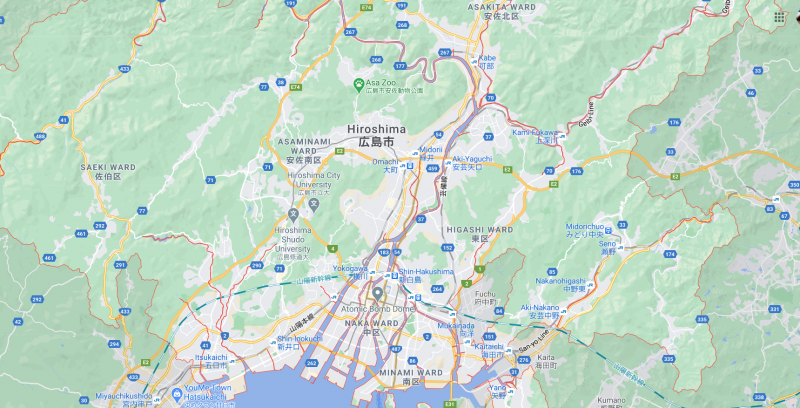 Map showing Hiroshima in western Honshu, Japan