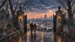 Illustration of a couple walking through Victorian cemetery gates towards a London skyline at twilight