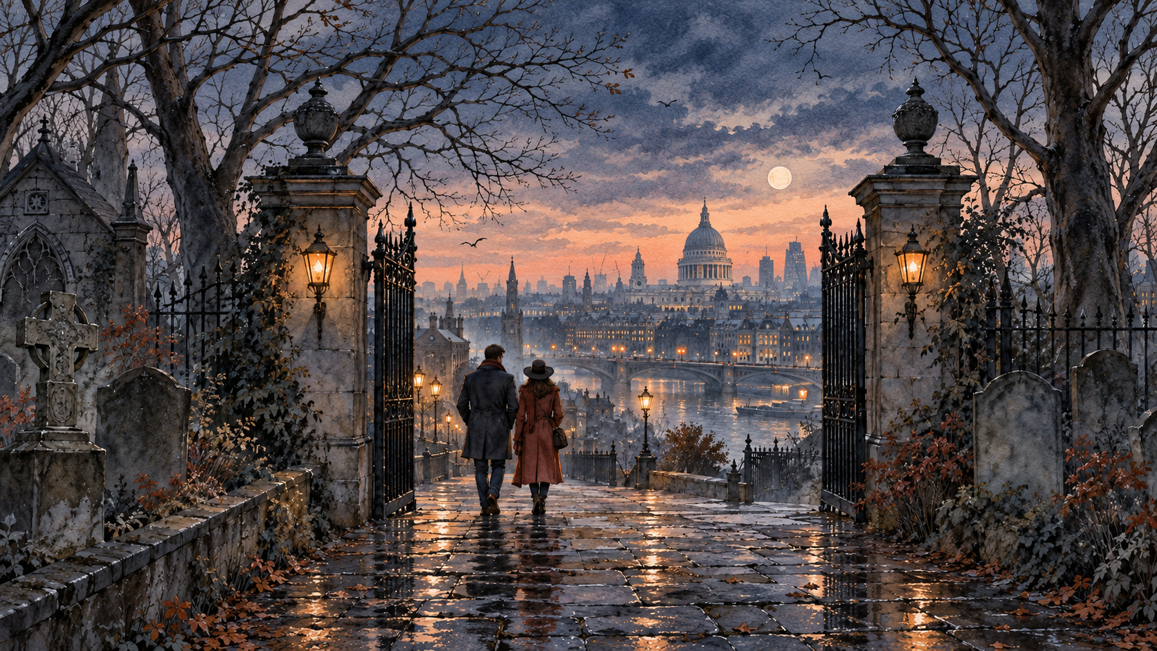 Illustration of a couple walking through Victorian cemetery gates towards a London skyline at twilight