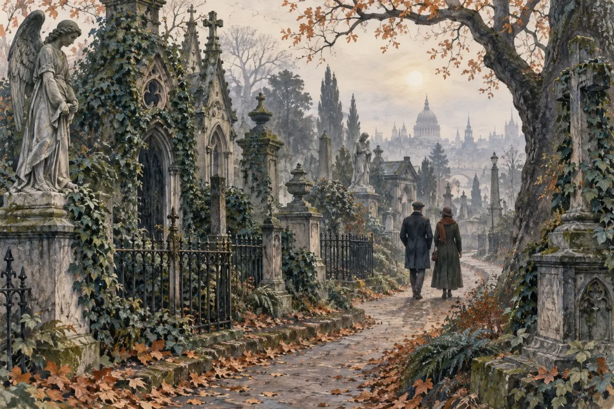 Victorian Cemetery in London Visitors walking respectfully through an atmospheric Victorian London cemetery