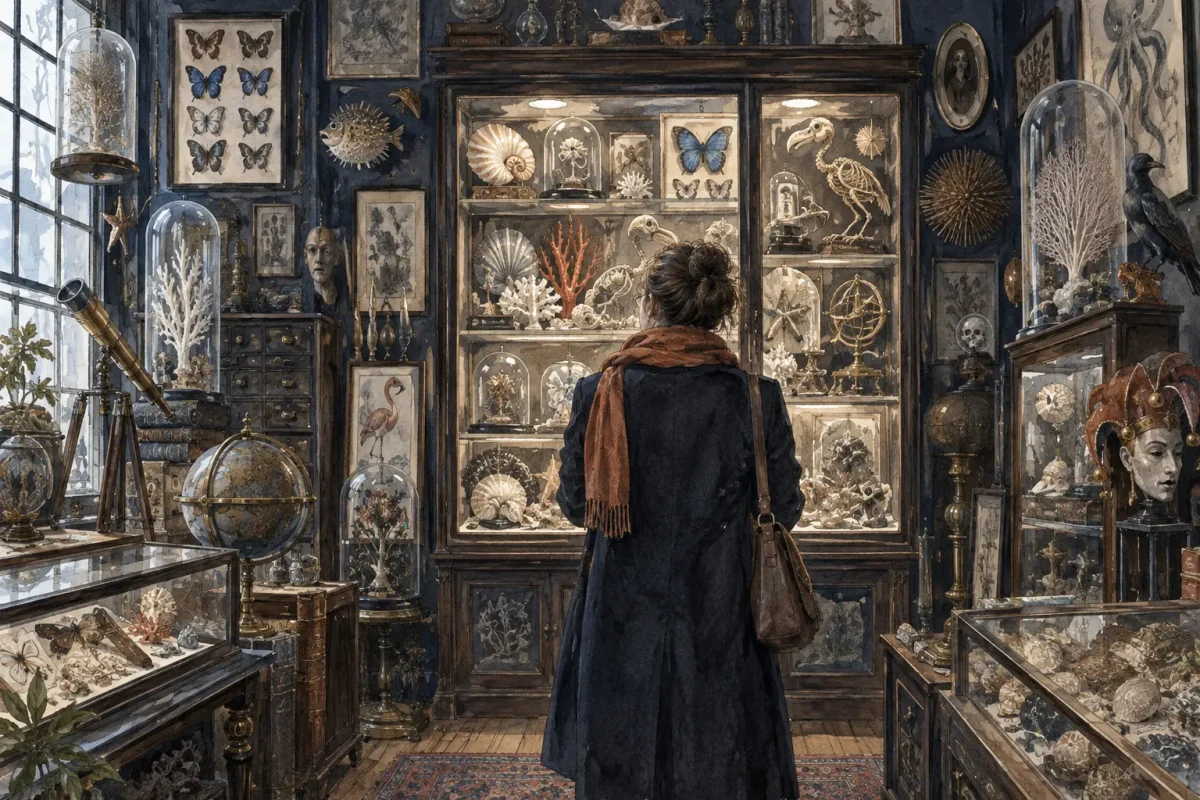 Viktor Wynd Museum of Curiosities Visitor examining crowded cabinets in an eccentric London museum of curiosities