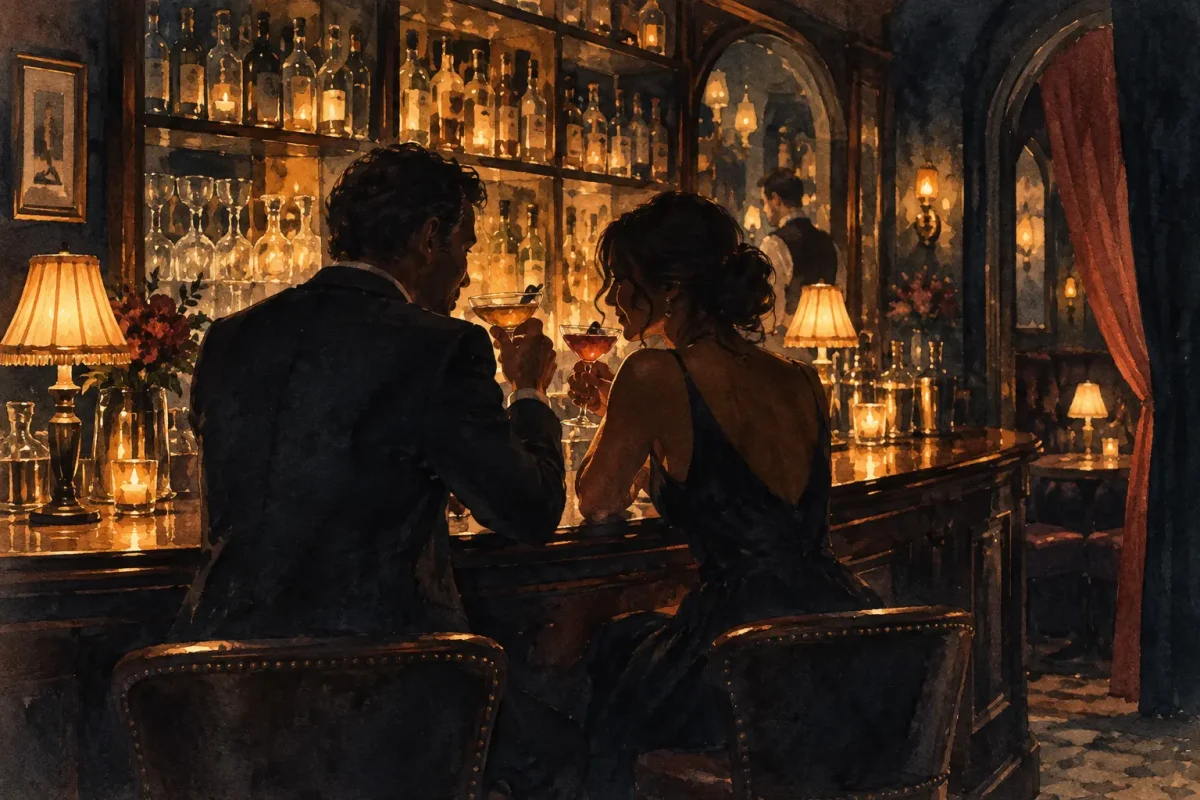 Romantic Cocktail Bar in London Couple sharing cocktails in an intimate London bar