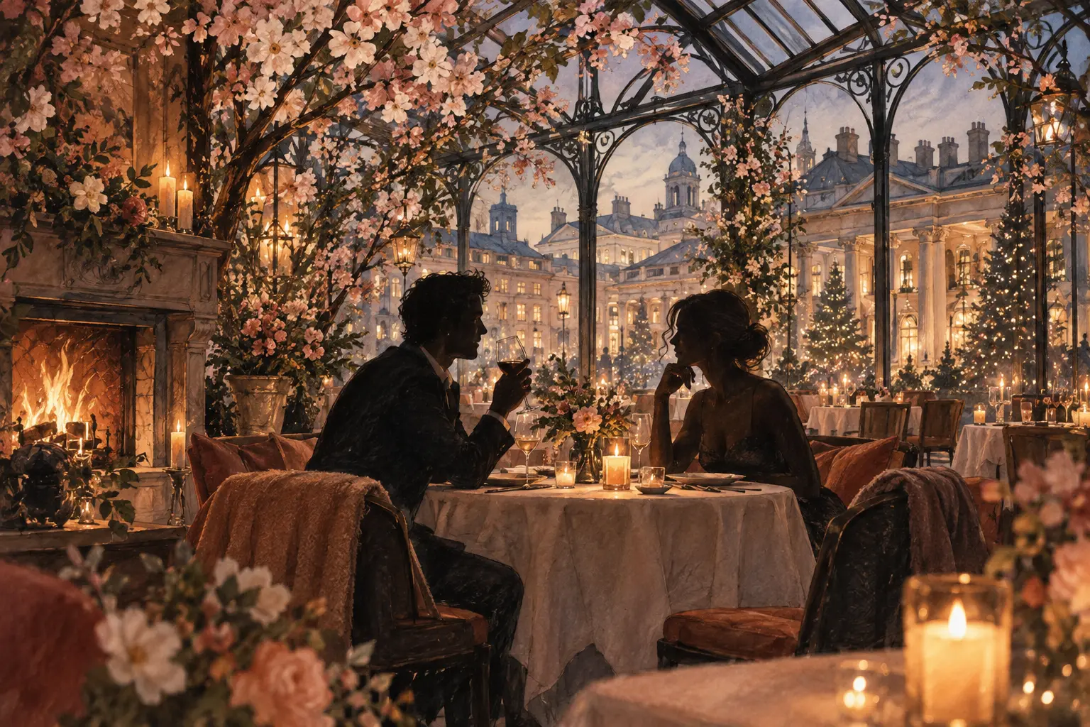 Romantic Dinner in London Couple dining by candlelight beneath blossoms in an elegant London conservatory