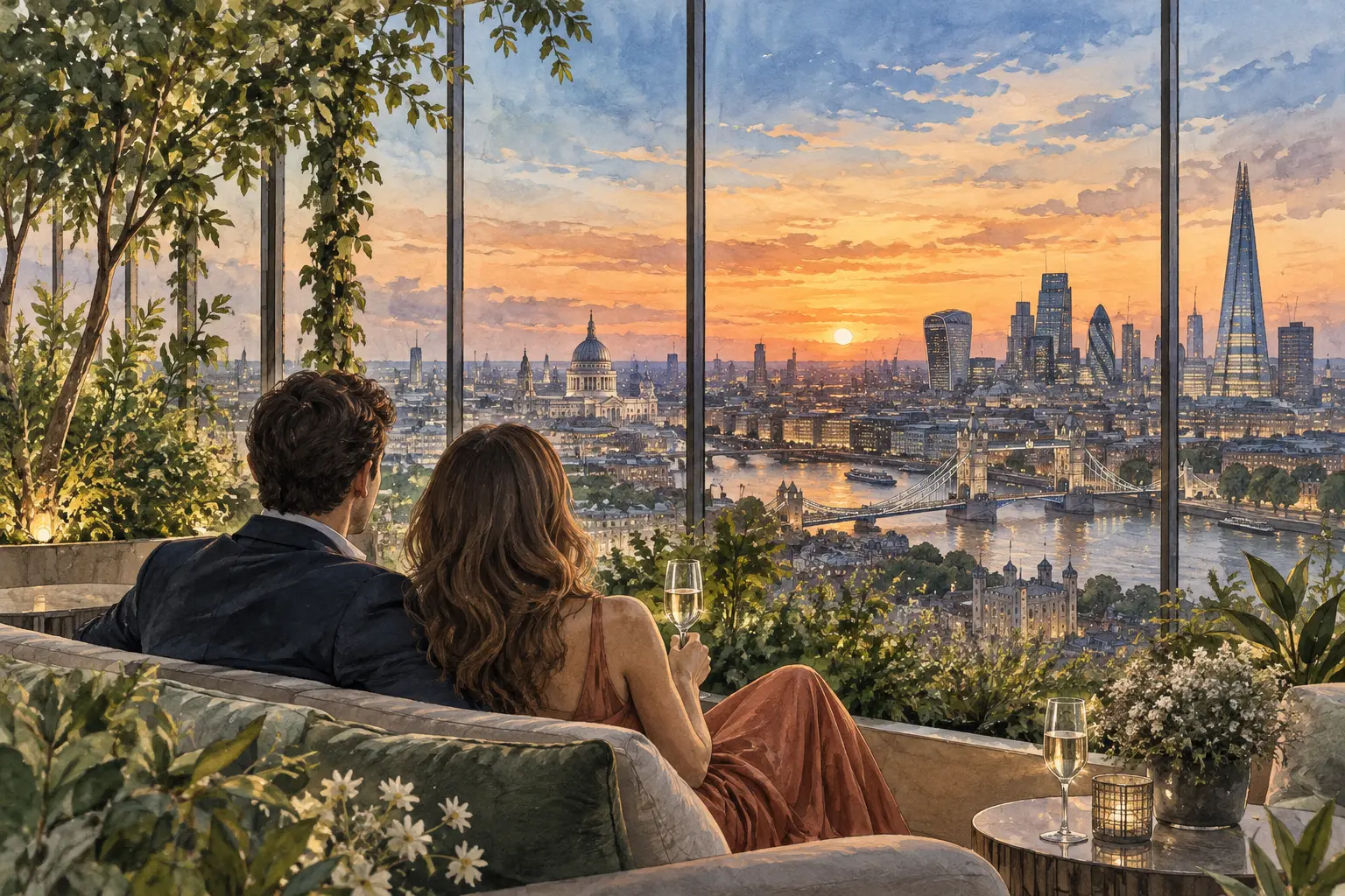 Romantic London Skyline Date Couple watching the London skyline at sunset from an elevated garden
