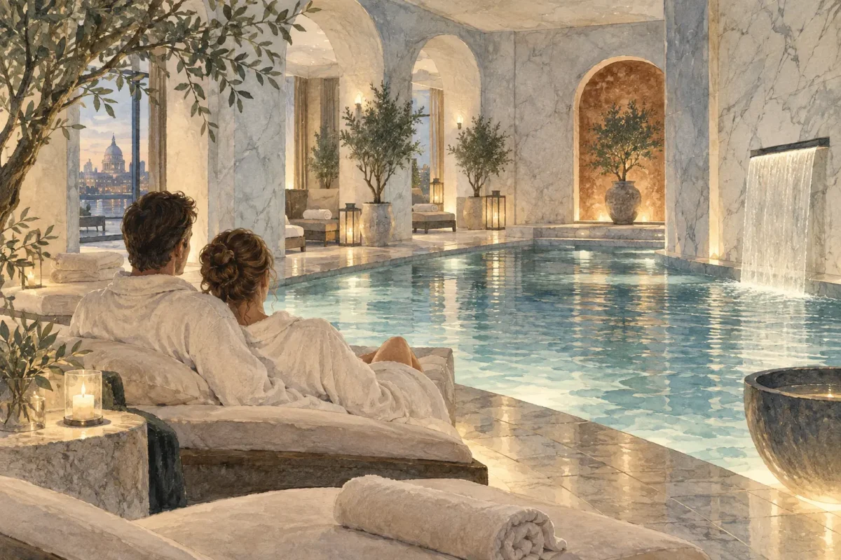 Romantic London Spa Day Couple relaxing beside a softly lit spa pool in London