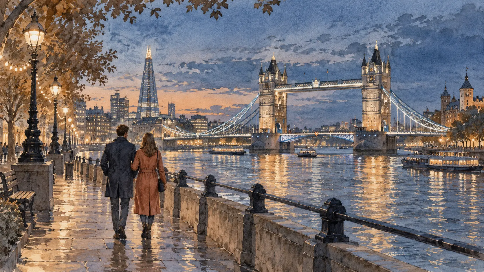 Couple walking beside the Thames towards Tower Bridge at dusk