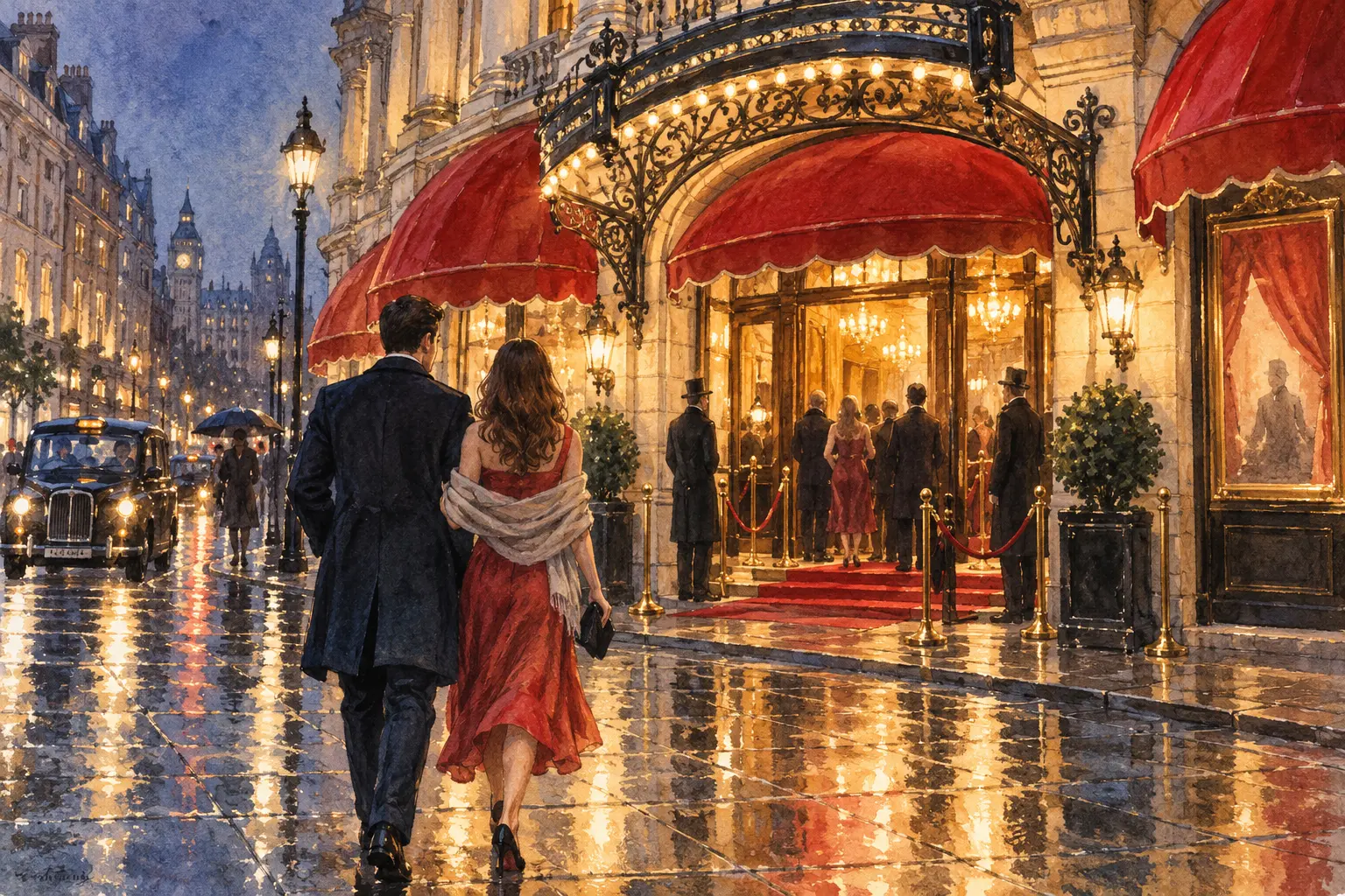 Romantic West End Theatre Date Couple arriving at a glowing West End theatre on a rainy London evening