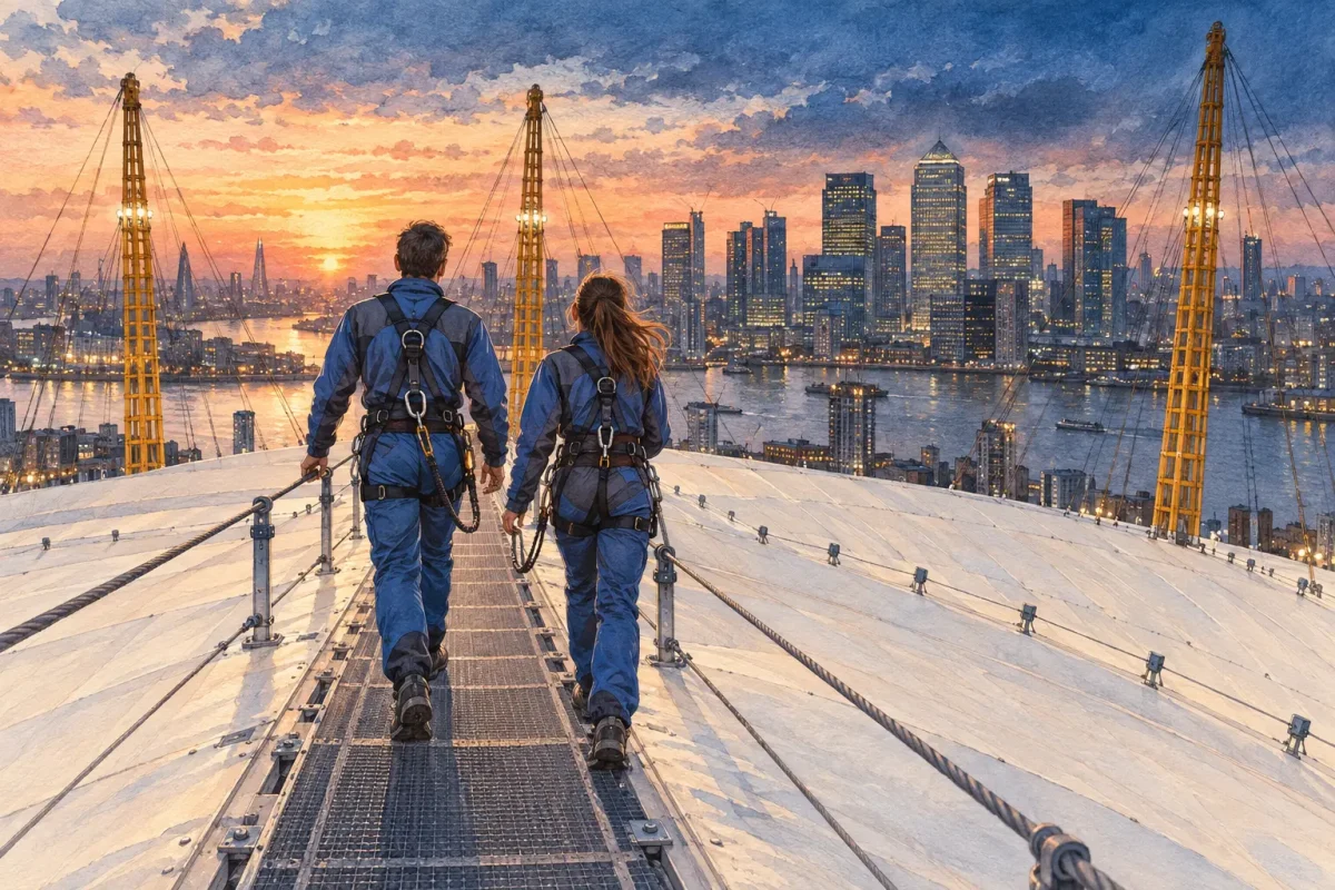Up at The O2 Sunset Climb Couple wearing climbing suits and harnesses on the roof of The O2 at sunset