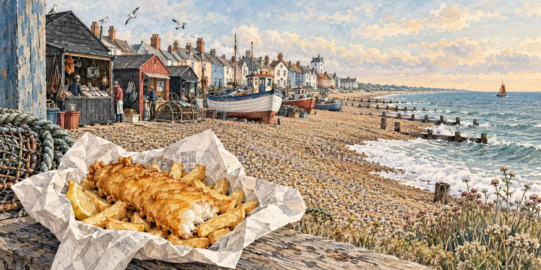 Aldeburgh Fish and Chips on the Suffolk Coast Illustration of fish and chips beside fishing boats on Aldeburgh’s shingle beach