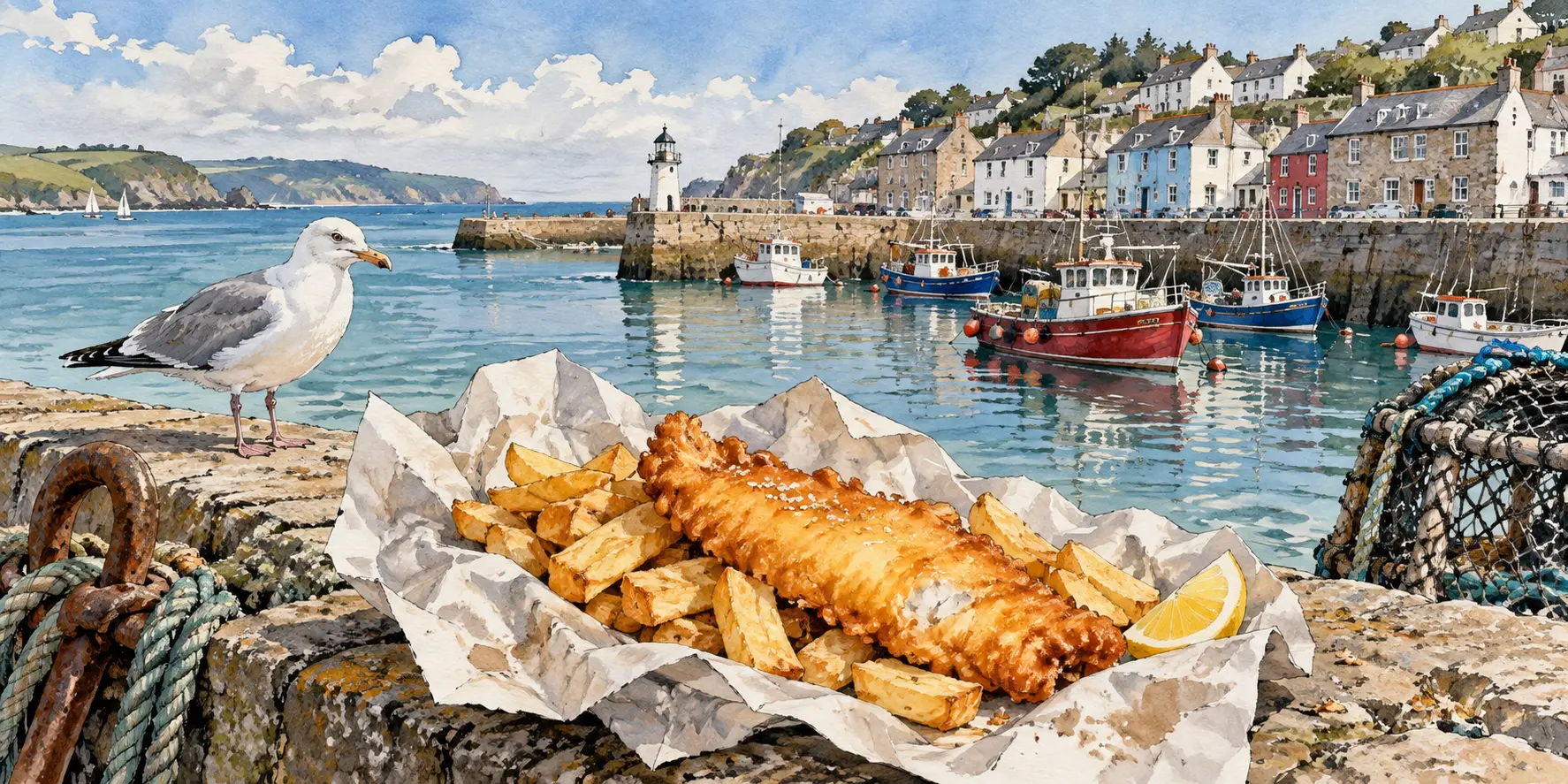 Illustration of golden fish and chips overlooking a British fishing harbour