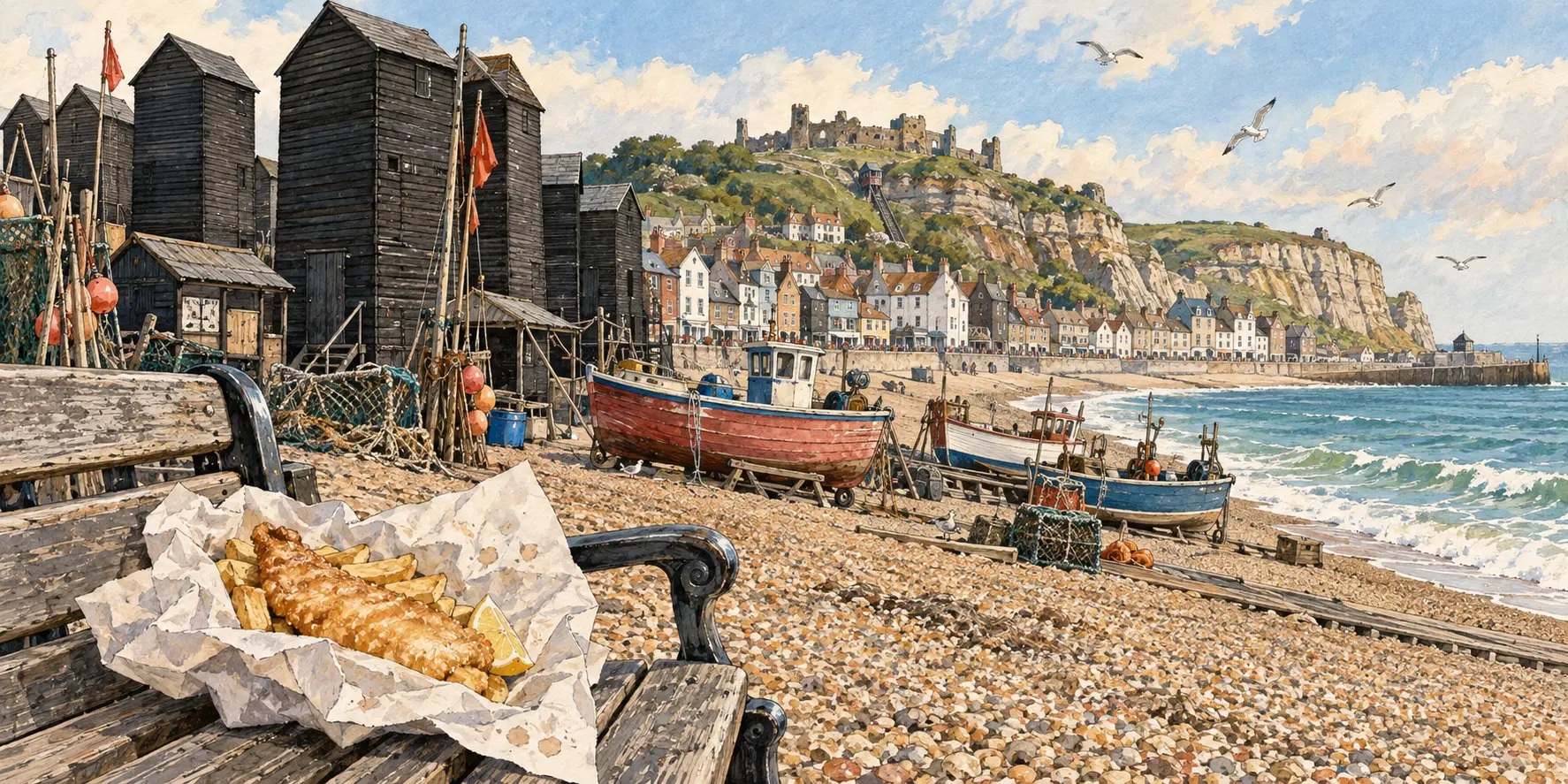 Hastings Fishing Beach and Net Huts Illustration of Hastings fishing beach, black net huts and fish and chips