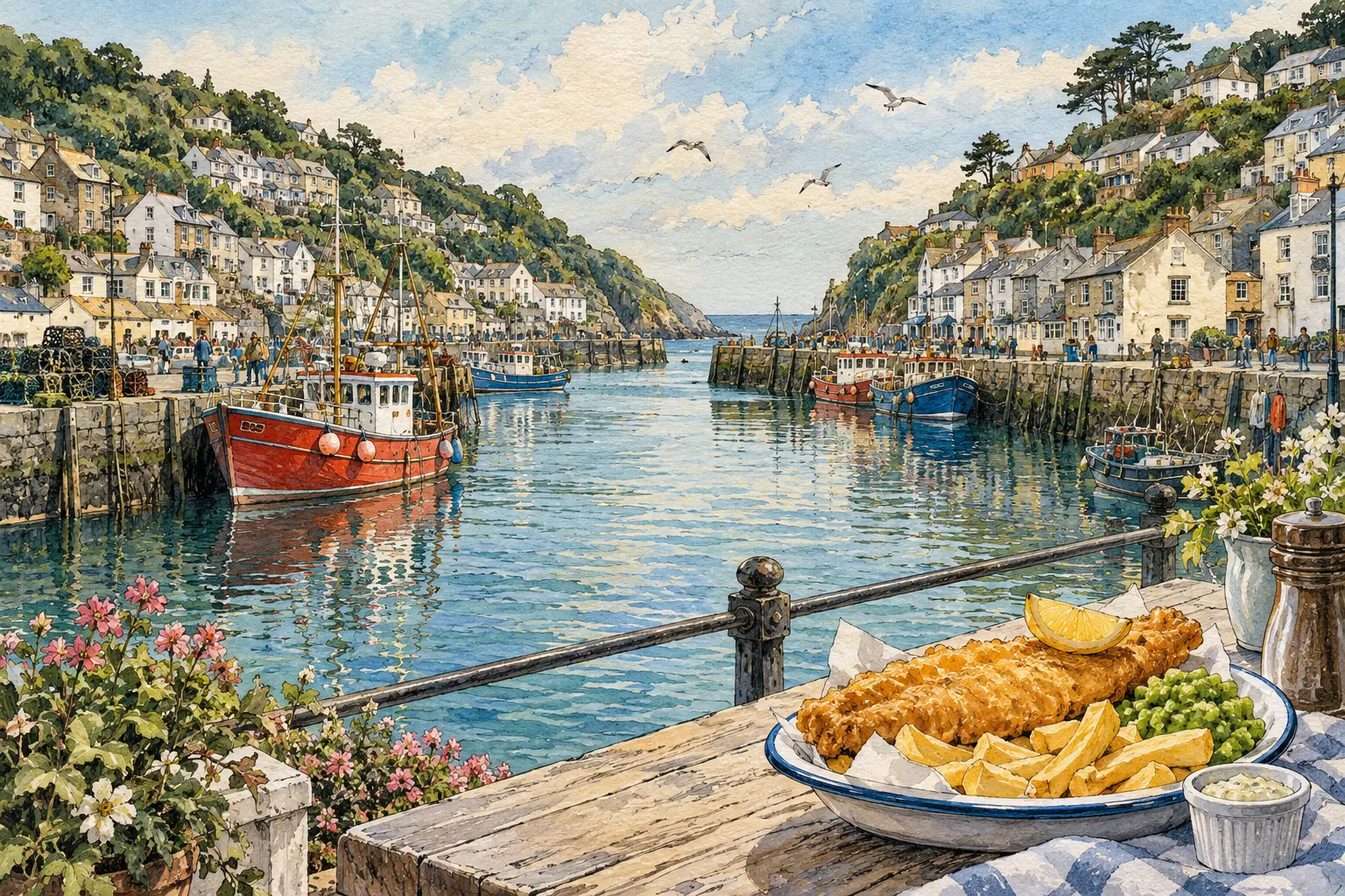 Looe Harbour Fish and Chips Illustration of fish and chips overlooking fishing boats in Looe harbour, Cornwall
