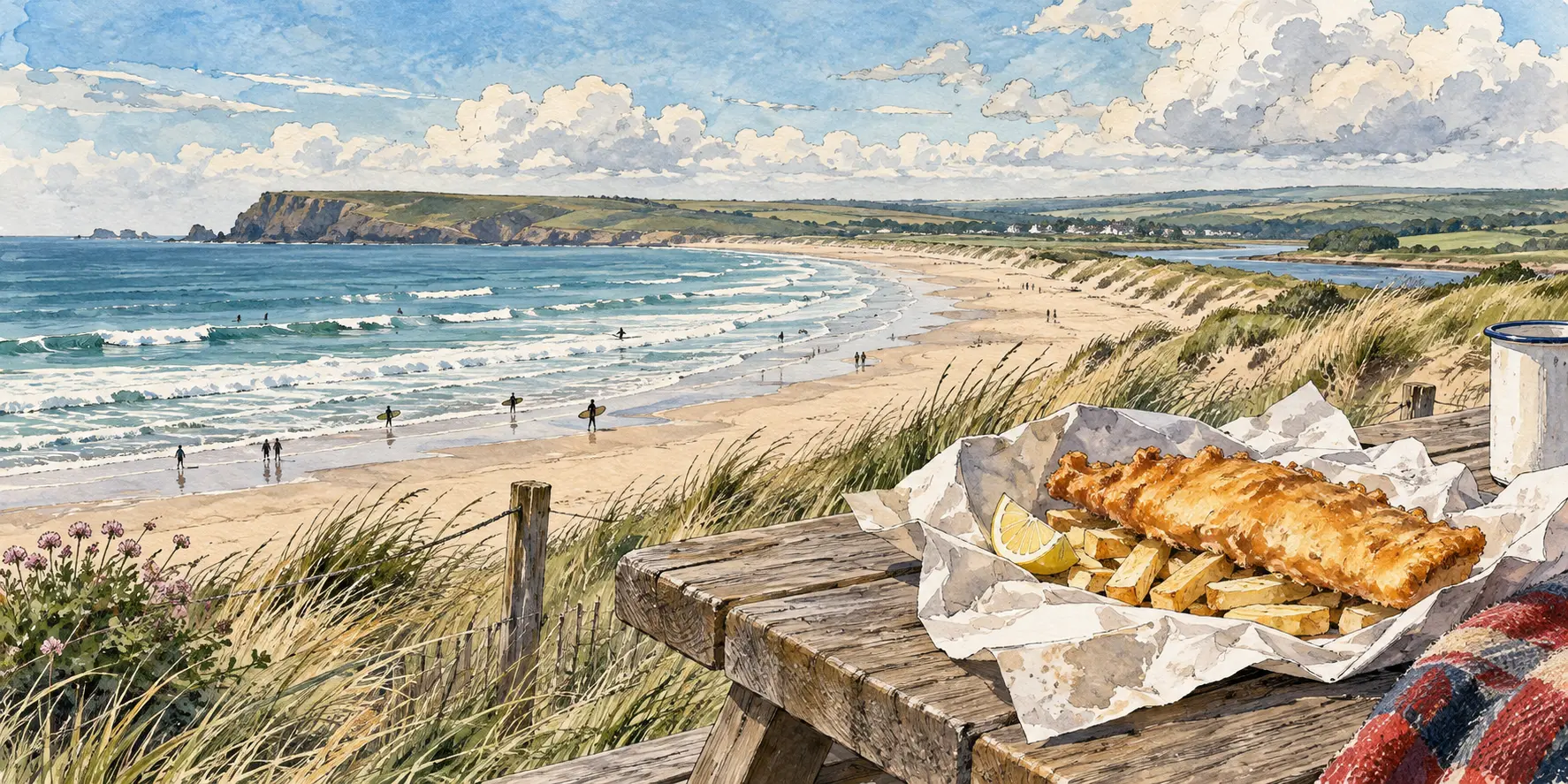 North Devon Coast Fish and Chips Illustration of fish and chips overlooking the beach and dunes on the North Devon coast
