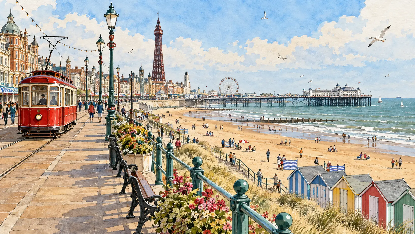Northern English Seaside Promenade Illustration of a northern English seaside promenade with tram, pier and beach huts