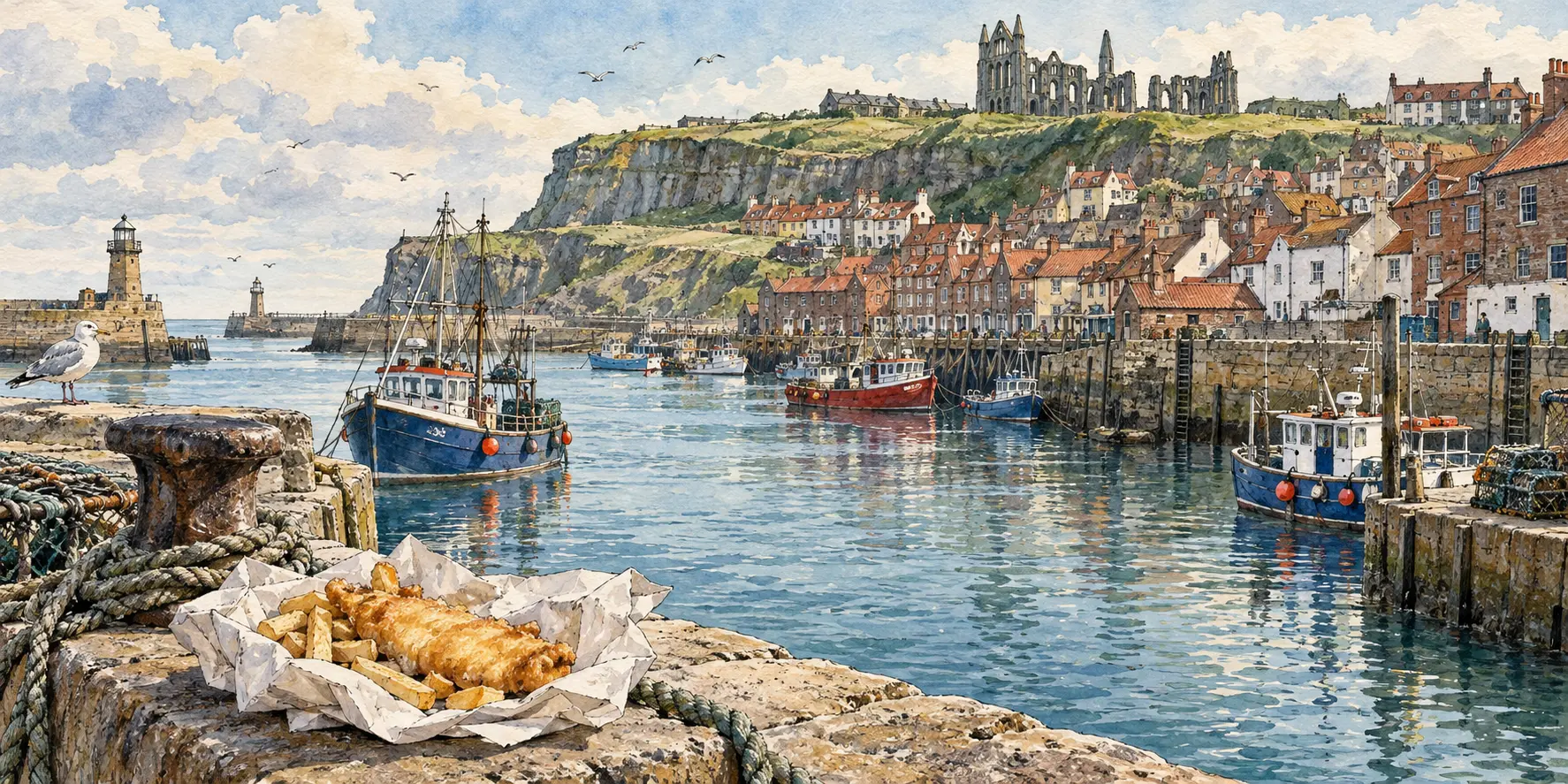 Whitby Harbour Fish and Chips Illustration of Whitby harbour, abbey ruins, fishing boats and fish and chips