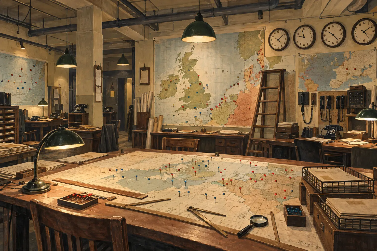 Churchill War Rooms Map Room Illustration Illustration of maps, plotting tables and telephones in the Churchill War Rooms Map Room