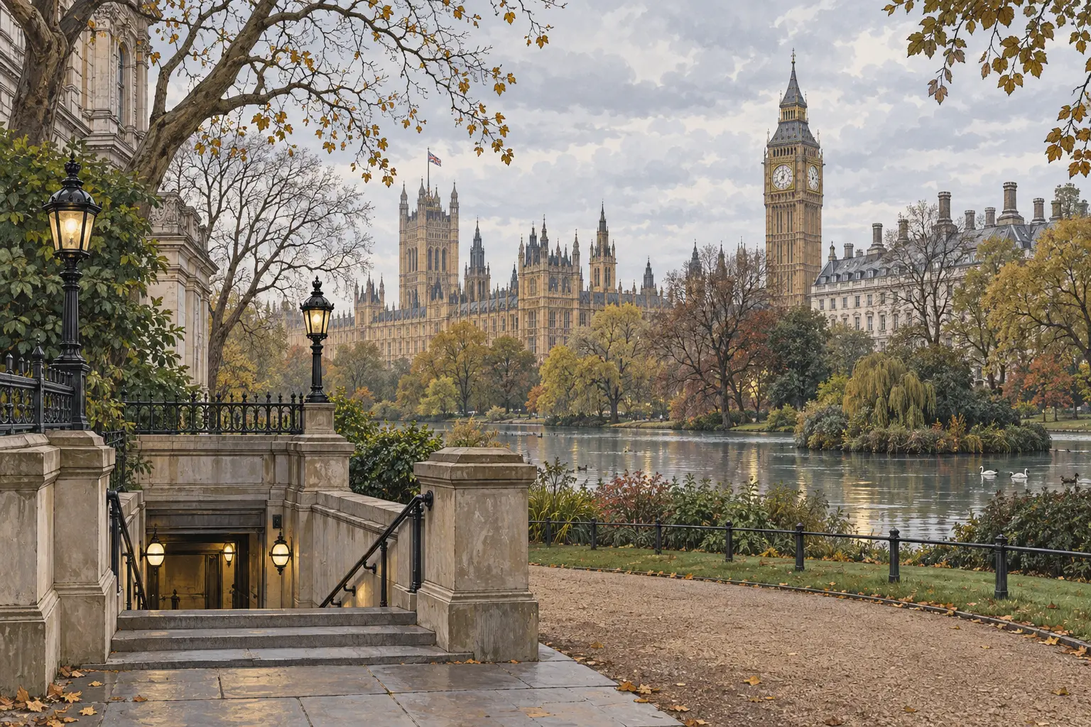Churchill War Rooms in Westminster Illustration of Westminster and an underground entrance near St James's Park