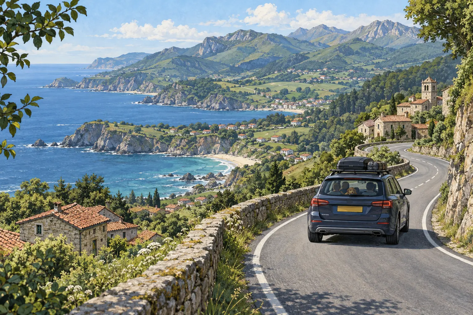 Driving a British Car in Northern Spain Illustration of a British family car driving along the mountainous northern Spanish coast