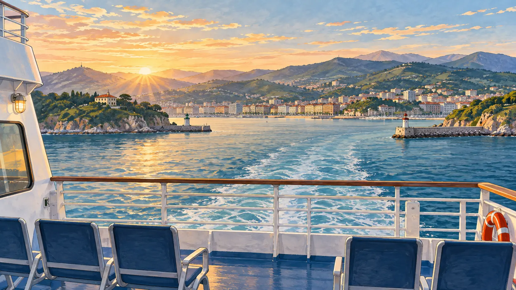 Ferry Arriving in Northern Spain Illustration of a ferry approaching the green coastline of northern Spain at sunrise