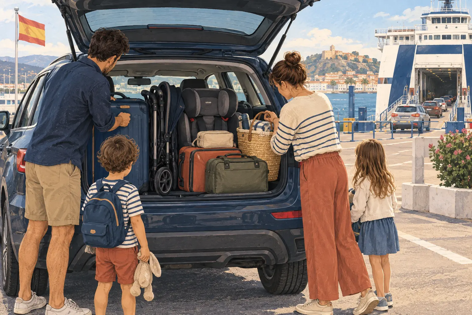 Packing a Family Car for the Ferry to Spain Illustration of a family packing luggage and a pushchair into a car at a ferry terminal