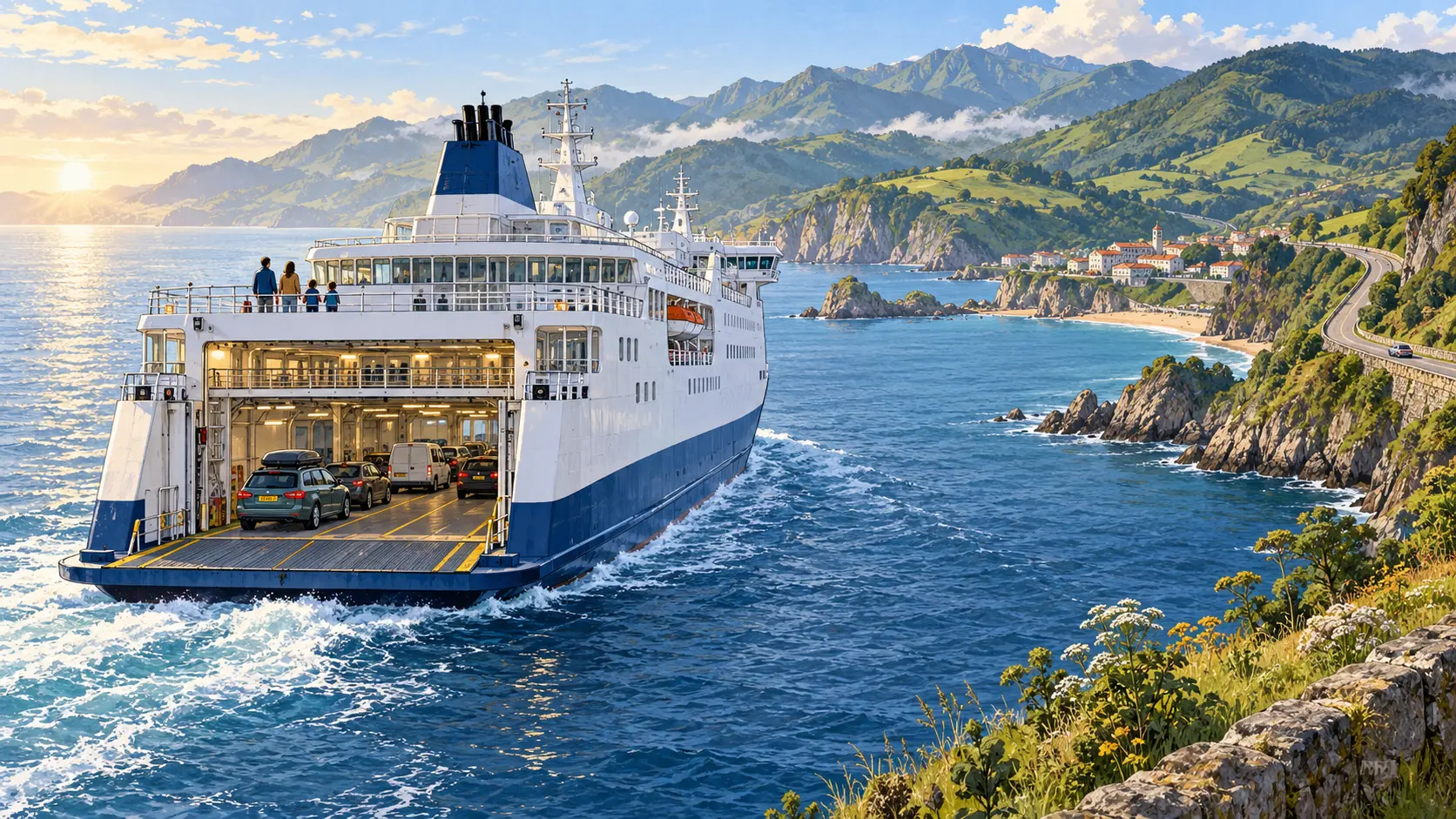 Illustration of a passenger and car ferry sailing towards the mountainous coast of northern Spain