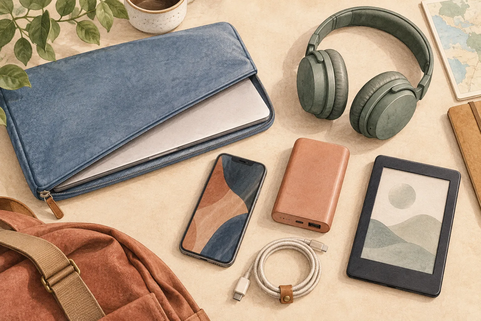 Carry on electronics Drawn carry-on electronics including a laptop, headphones, phone, power bank and e-reader