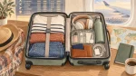 Drawn open carry-on suitcase packed with clothes, headphones, toiletries, travel documents and a water bottle