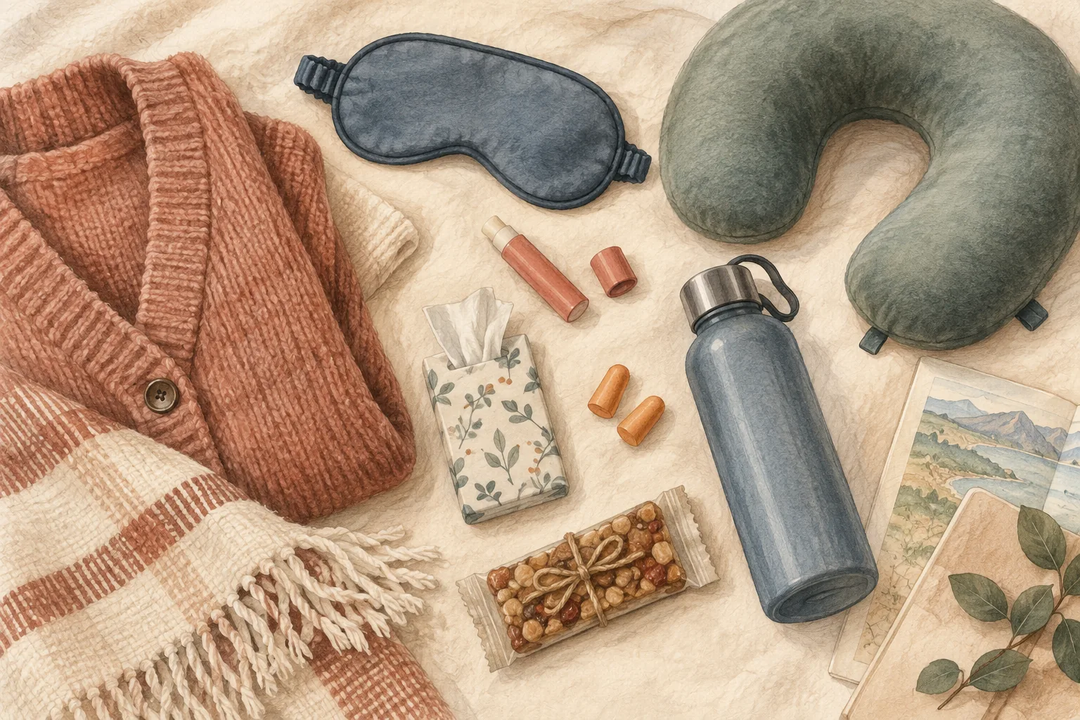 Carry on flight comforts Drawn carry-on comfort essentials including a neck pillow, eye mask, water bottle and warm layer