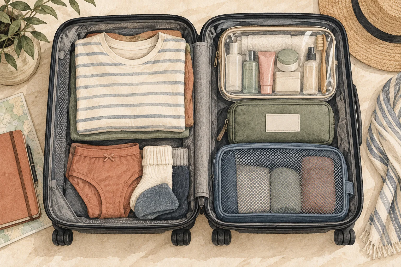 Spare clothes and toiletries packed in a carry-on suitcase