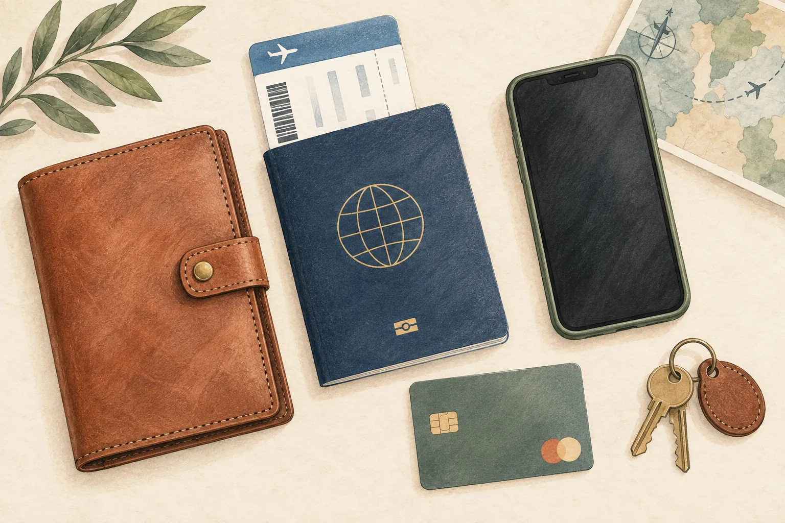 Carry on travel documents Drawn passport, boarding pass, travel wallet, phone, bank card and keys arranged for a flight