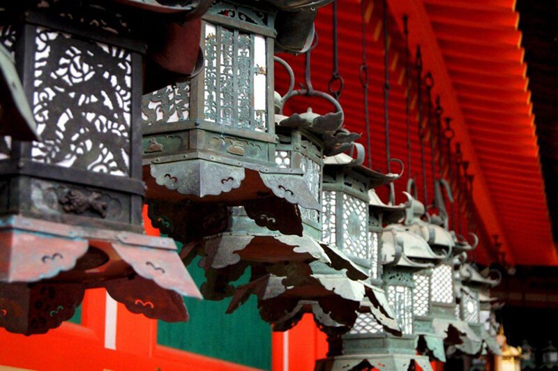 14 days in Japan an itinerary Lanterns hanging from the red Kasuga Taisha in Nijon visited in Nara during our 14 days in Japan