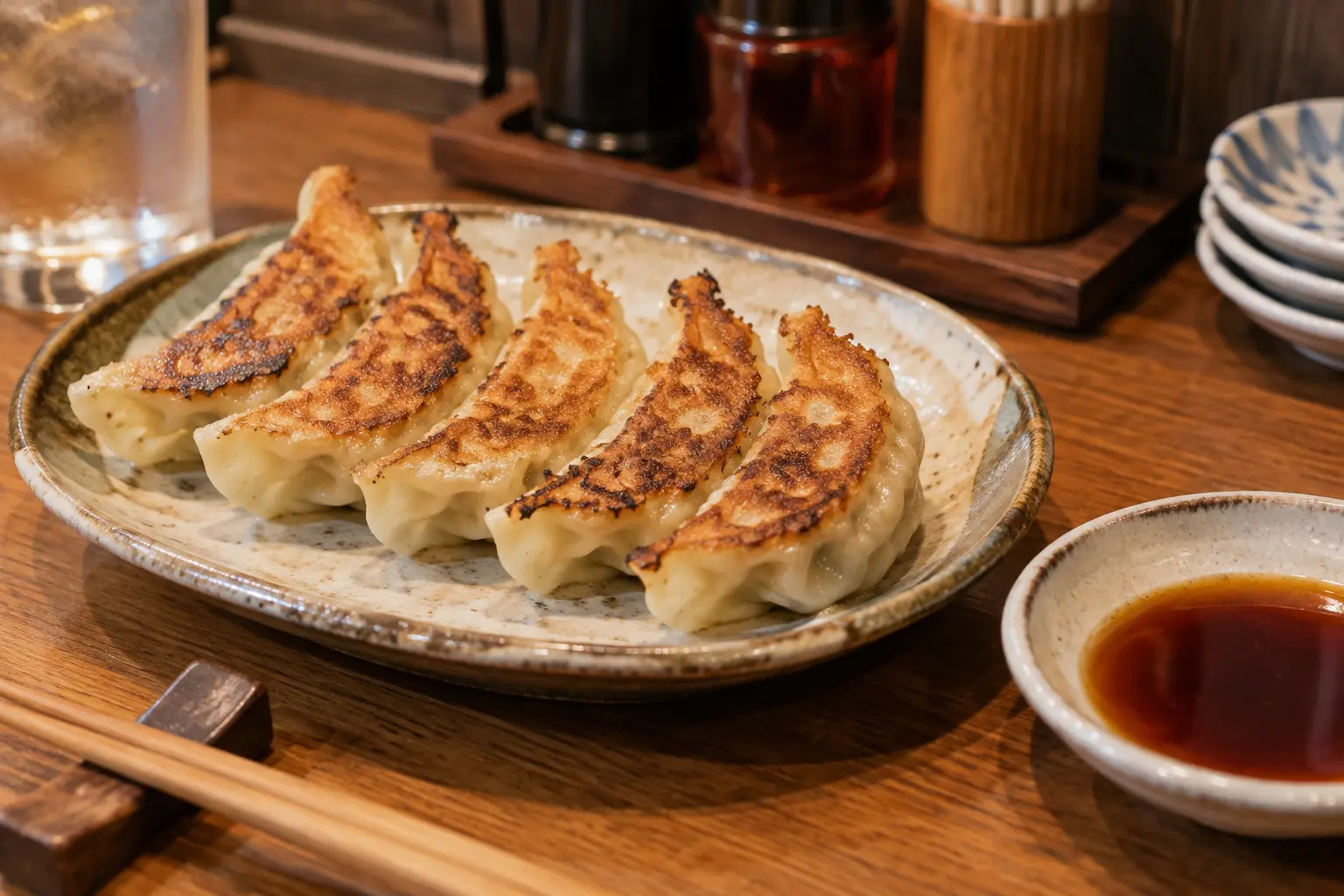 Japanese gyoza in Tokyo Pan-fried Japanese gyoza served crisp-side up with dipping sauce