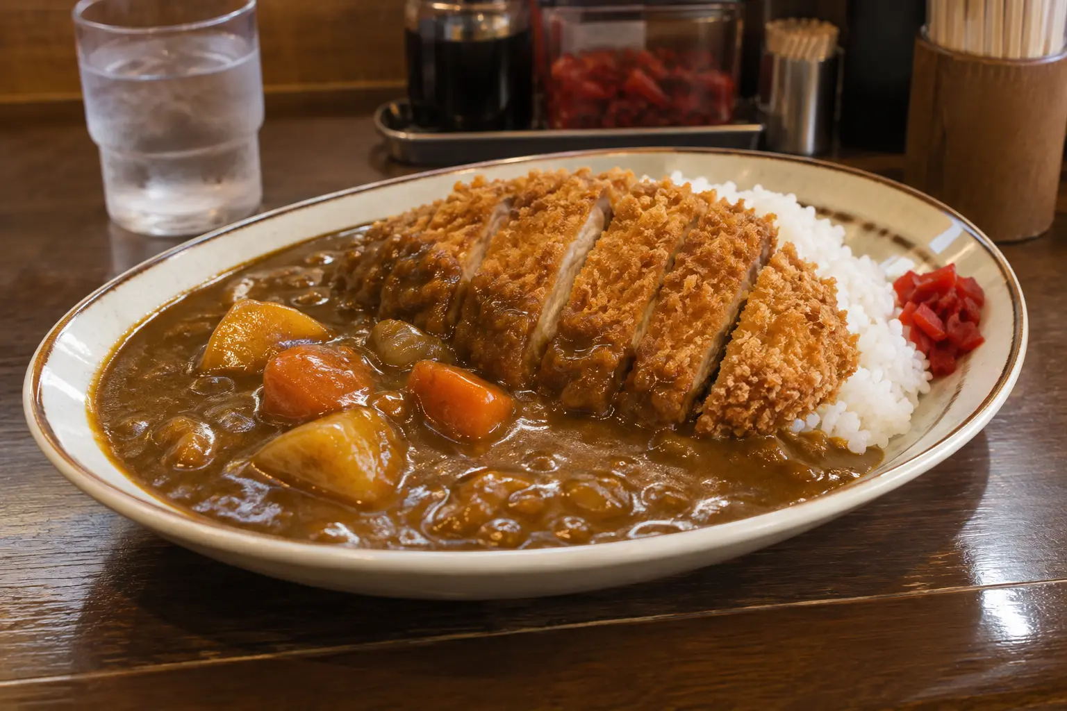 Japanese katsu curry in Tokyo Japanese curry rice topped with a sliced breaded pork cutlet