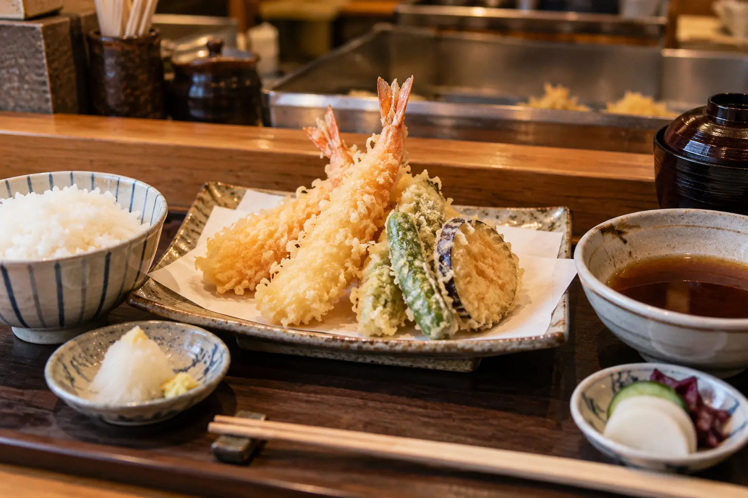 Japanese tempura set in Tokyo Prawn and vegetable tempura served with rice and dipping sauce