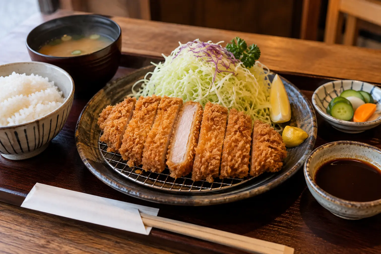 Japanese tonkatsu set in Tokyo Sliced Japanese tonkatsu with shredded cabbage, rice and miso soup