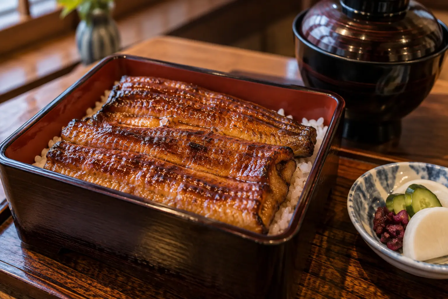 Japanese unagi rice bowl Grilled glazed unagi served over rice with Japanese pickles