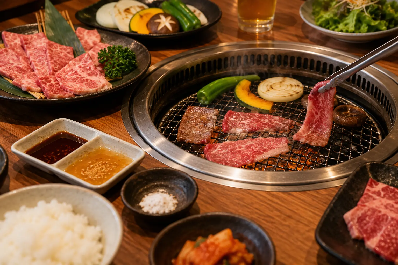 Japanese yakiniku tabletop grill Thin cuts of beef and vegetables cooking on a Japanese yakiniku grill