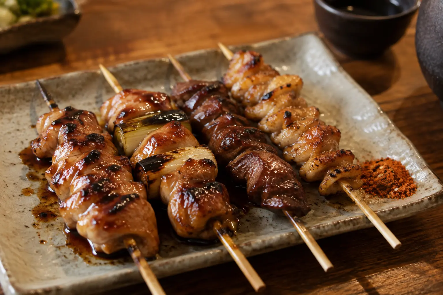 Japanese yakitori skewers Assorted Japanese yakitori chicken skewers with tare glaze