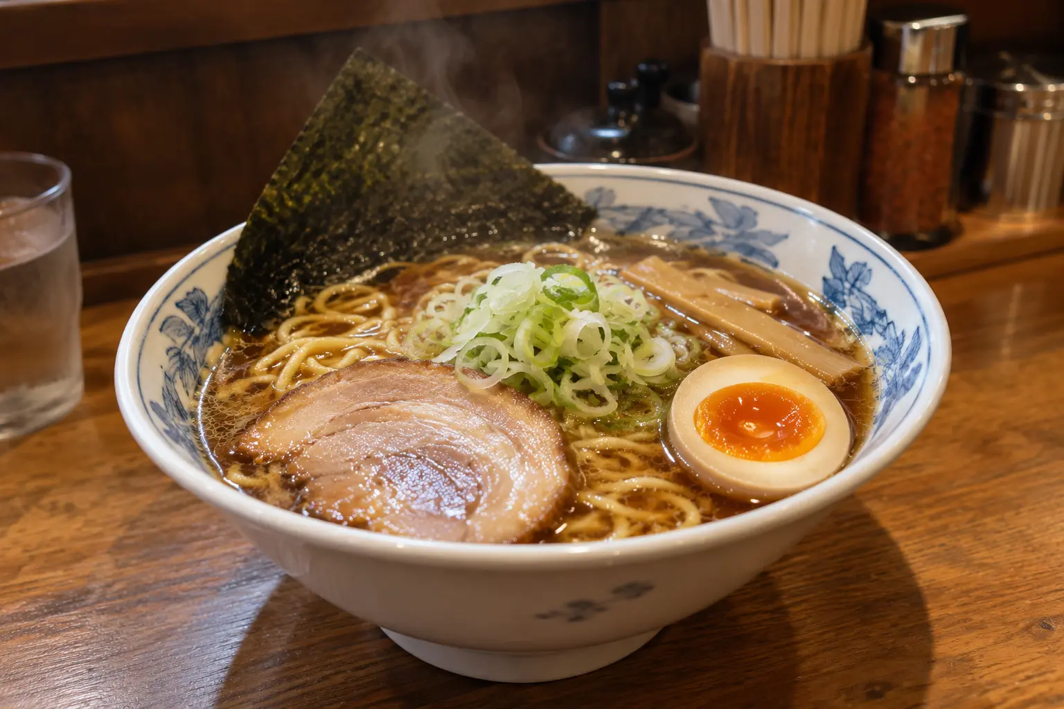 Shoyu ramen in Tokyo Bowl of shoyu ramen with chashu pork, egg, spring onion and nori