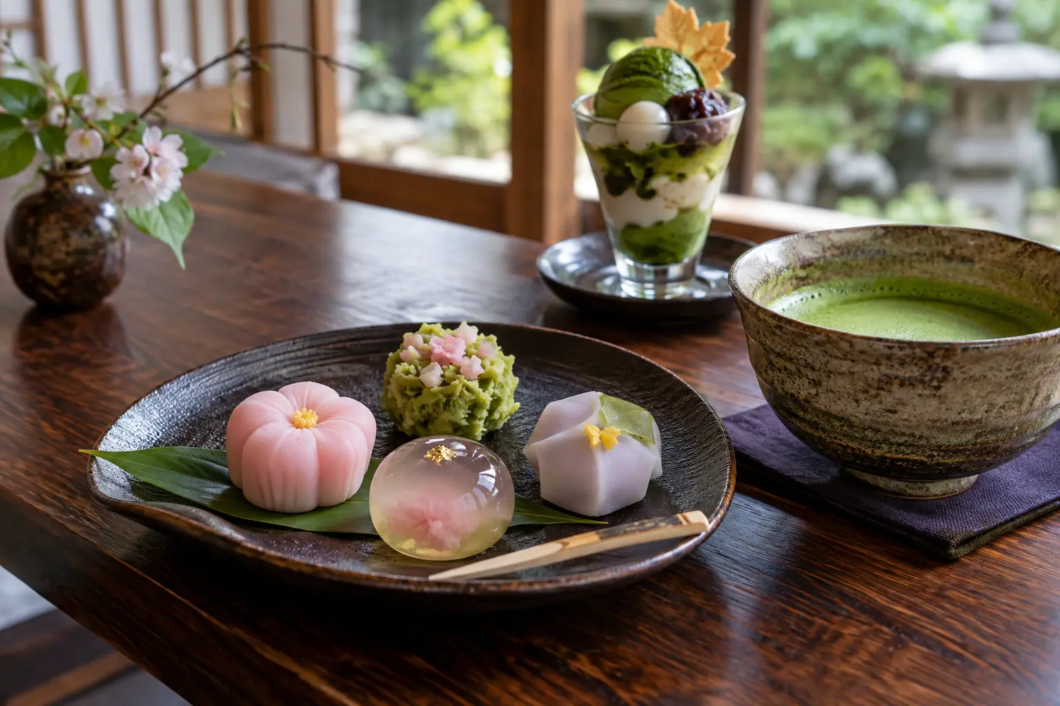Wagashi matcha and Japanese desserts in Tokyo Seasonal Japanese wagashi sweets served with matcha tea and a matcha parfait