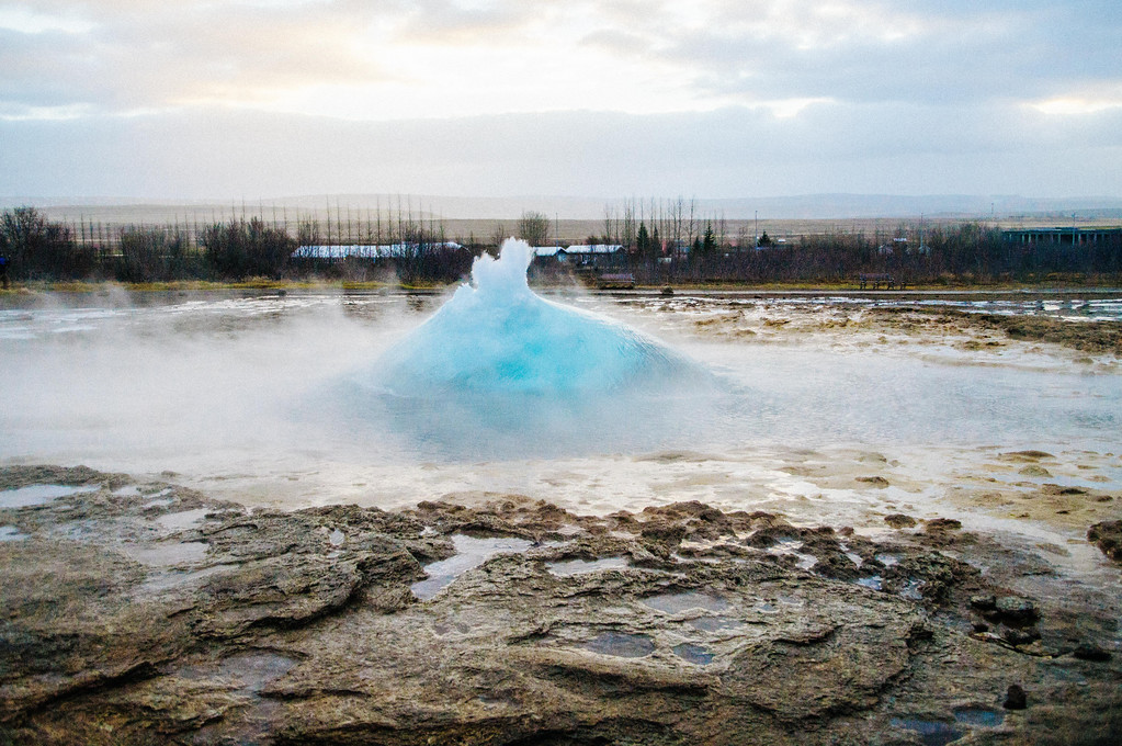 Strokkur geyser beginning to erupt