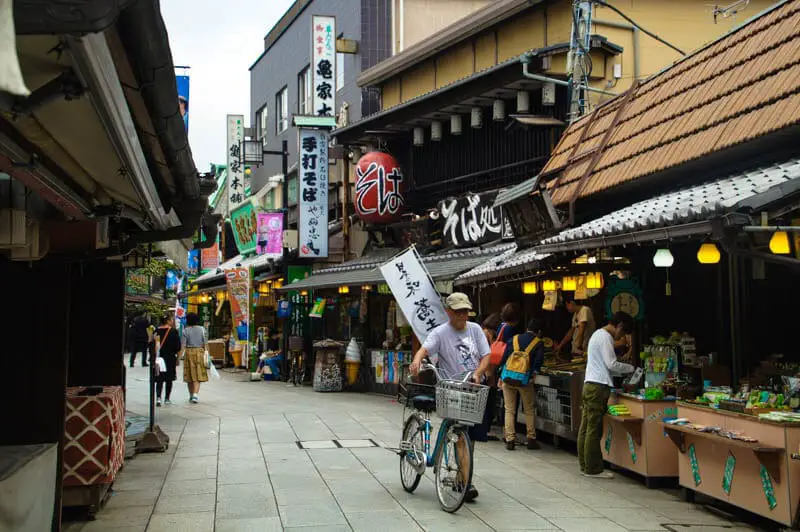 Traditional wooden fronted Japanese shops on Taishakuten Sando in Shibamata Traditional wooden fronted Japanese shops on Taishakuten Sando in Shibamata