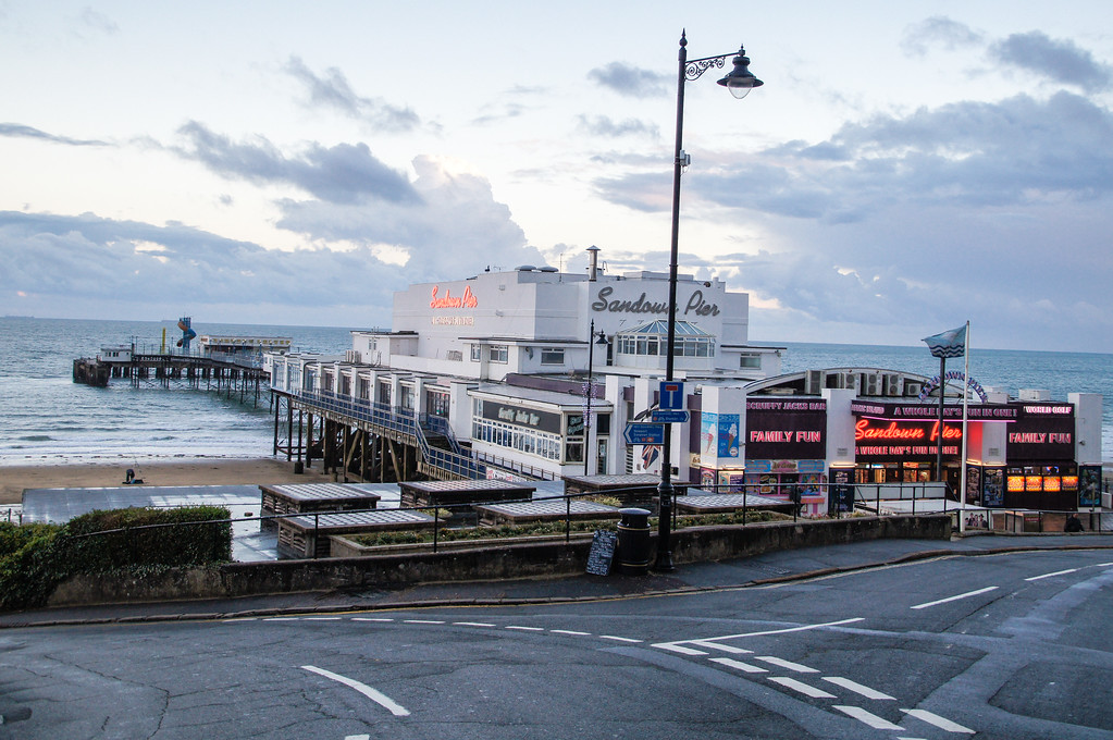 birds eye view of sandown pier on the isle of wight Elevated view of Sandown Pier and beach