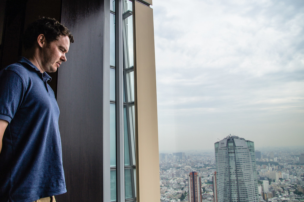 Husband enjoying views from the sky lobby at the Ritz-Carlton Tokyo