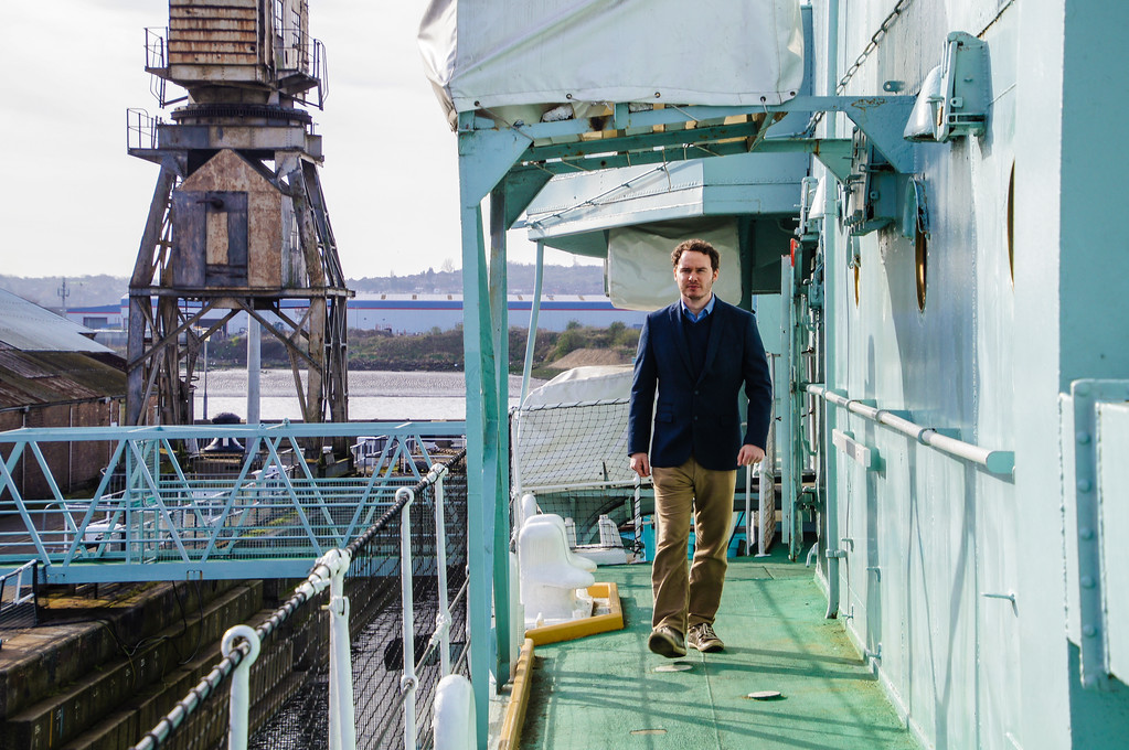 husband walking down the deck of the hms cavalier from outside at the historic dockyard chatham