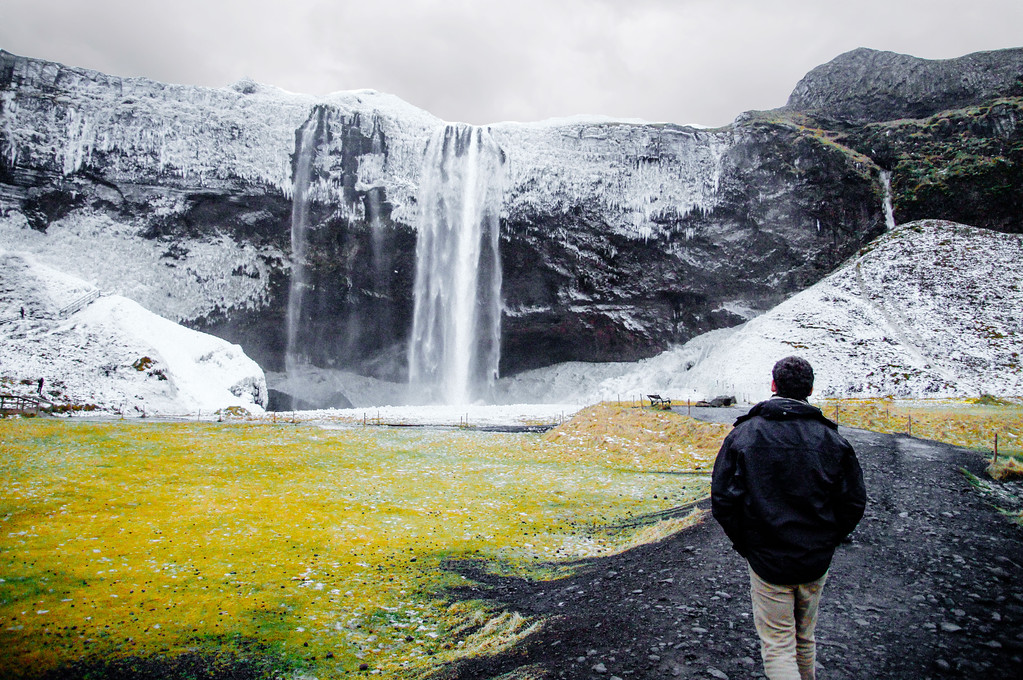 Gary walking towards Seljalandsfoss in winter